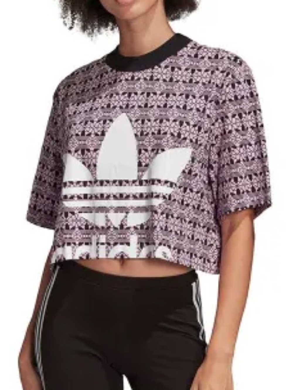 adidas Pink Geometric Trefoil Crop Tee with Black Neck
